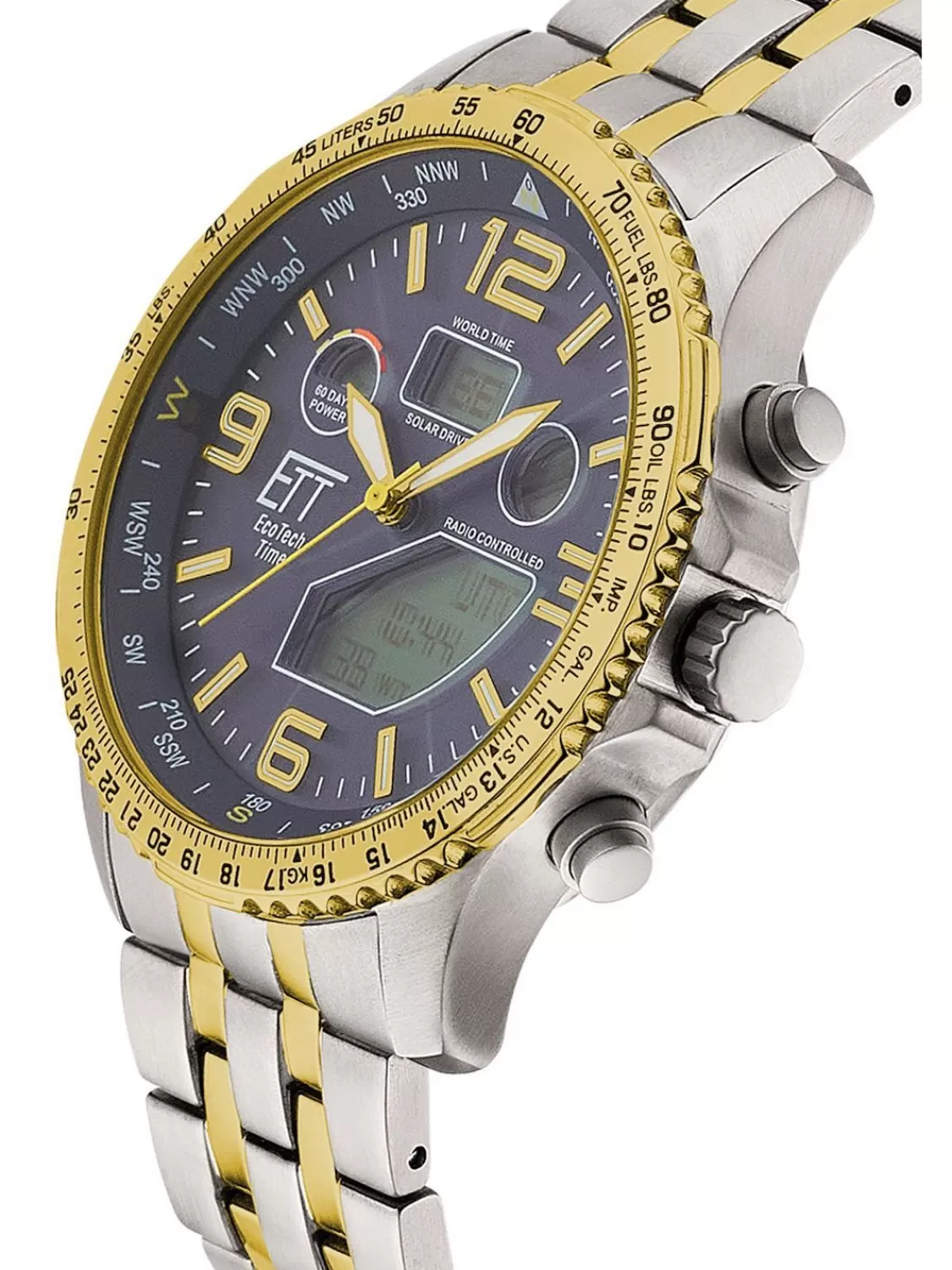 ETT Eco Tech Time Funk-Solar Herrenuhr Professional Worldtimer Bicolor | Herrenuhren