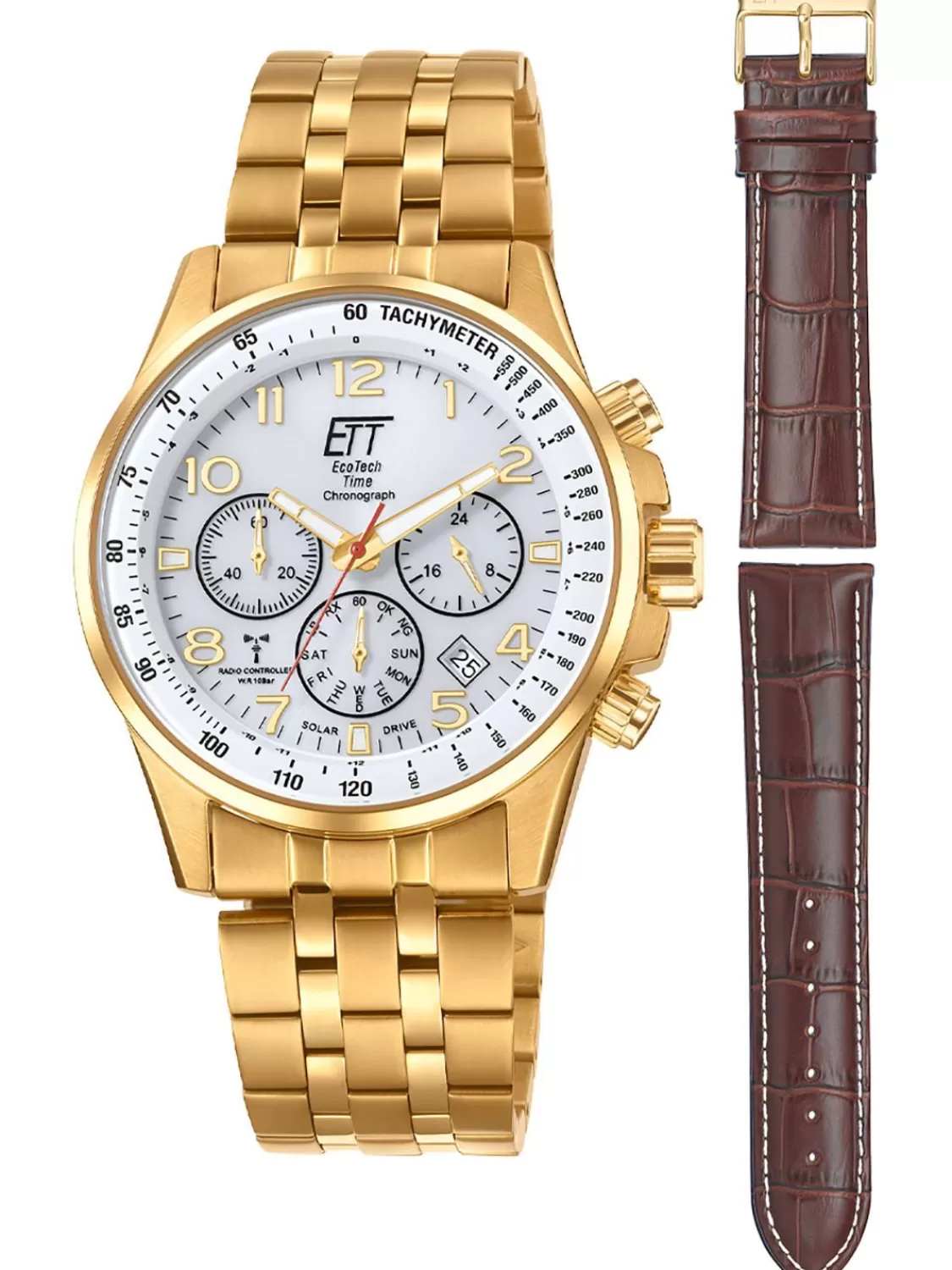 ETT Eco Tech Time Herren Funk-Solaruhr Professional 2 Bander Goldfarben | Herrenuhren